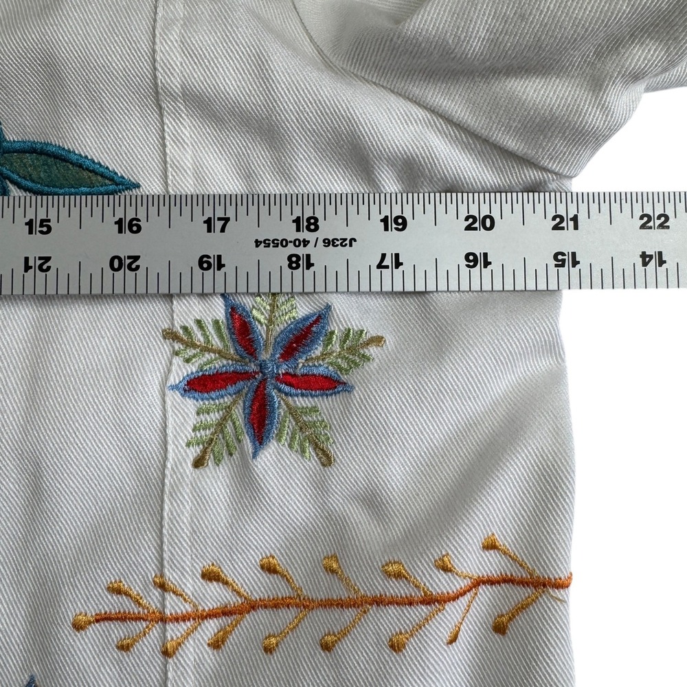 Variations White Embroidered Denim Jacket Womens Large Floral‎ Applique Buttons - Picture 9 of 15